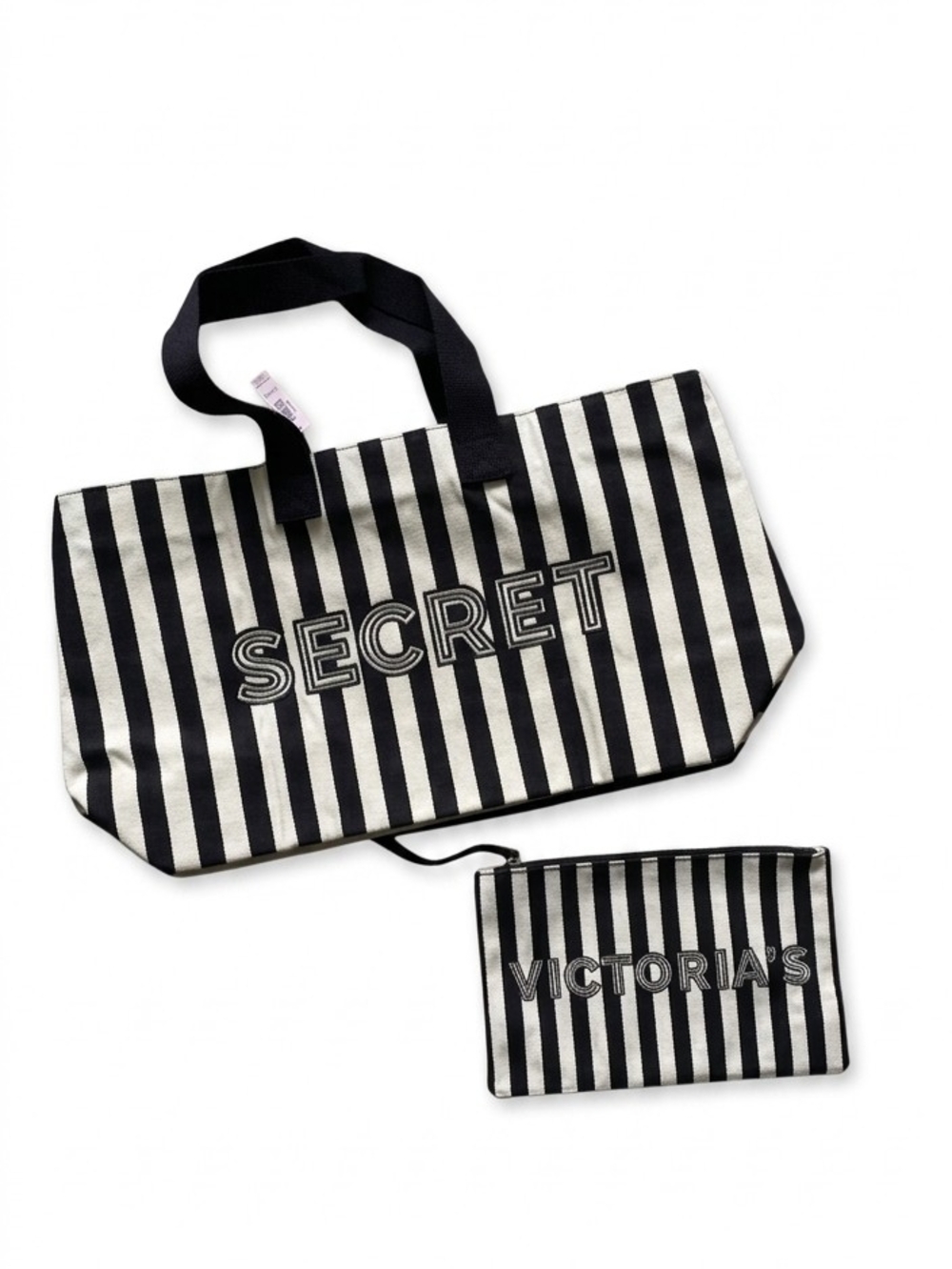 Victoria's Secret Black & White Striped Tote with Matching Pouch